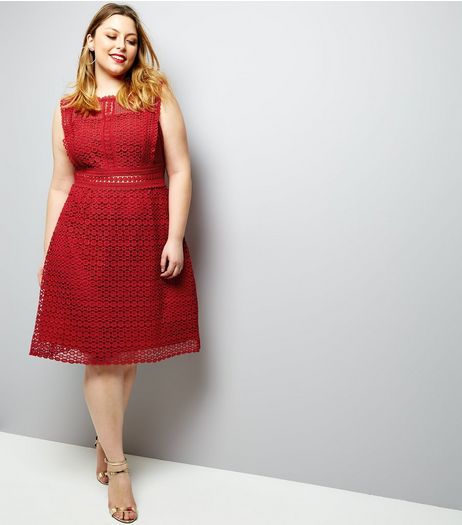 Curves Red Premium Lace Sleeveless Skater Dress | New Look