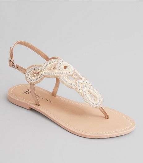 Teens Pink Embellished Bead Toe Post Sandals | New Look