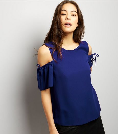 Blue Cold Shoulder Gathered Sleeve Top | New Look