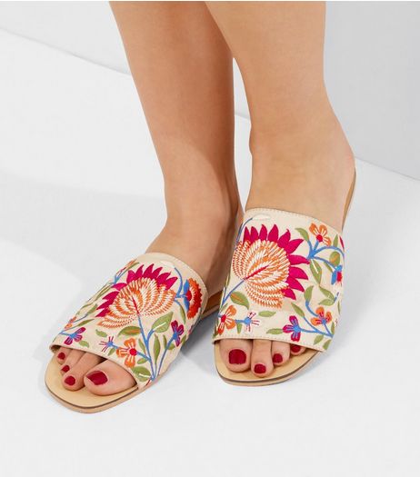 White Floral Embroidered Mules | New Look