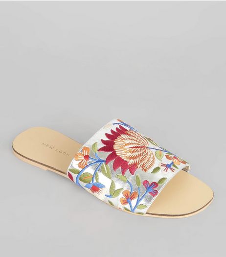 Silver Floral Embroidered Mules | New Look