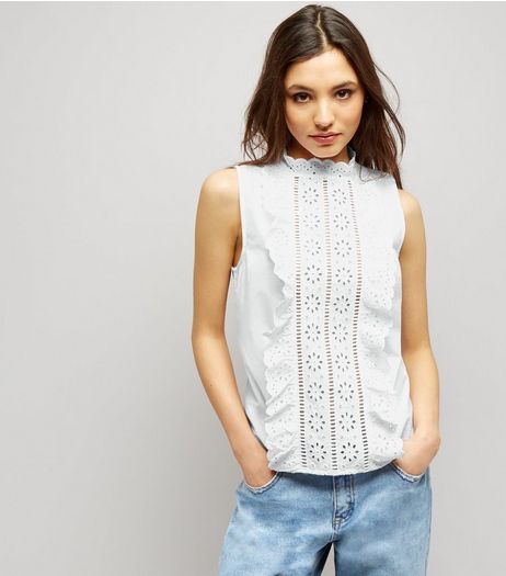 White Cut Out Frill Trim Sleeveless Top | New Look