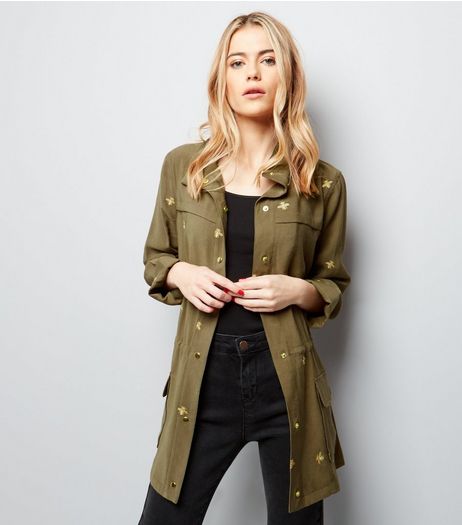 Khaki Bee Embroidered Utility Jacket | New Look