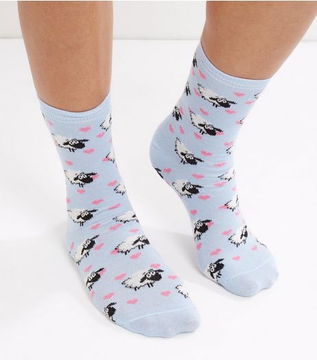 Pale Blue Sheep and Heart Print Socks | New Look