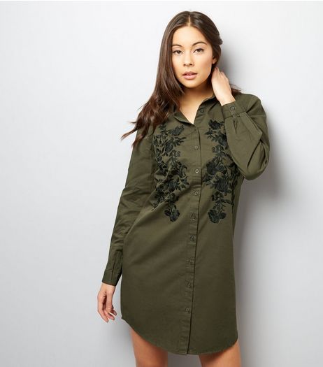 Khaki Floral Embroidered Long Sleeve Shirt Dress | New Look
