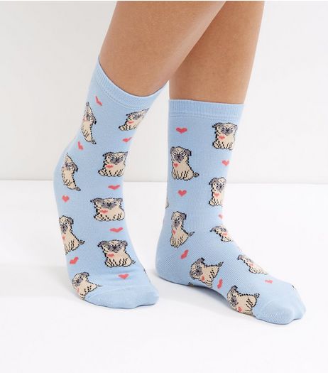 Blue Pug Heart Print Socks | New Look
