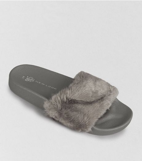 Teens Grey Faux Fur Sliders | New Look