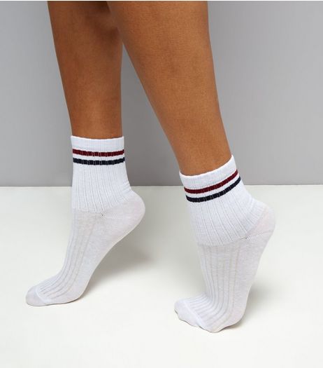 White Contrast Stripe Ribbed Ankle Socks | New Look