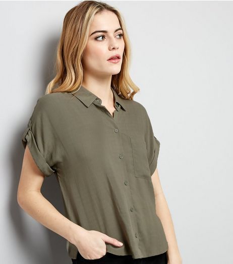 Khaki Rolled Sleeve Cropped Shirt | New Look