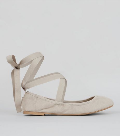 Wide Fit Grey Suedette Tie Up Pumps | New Look