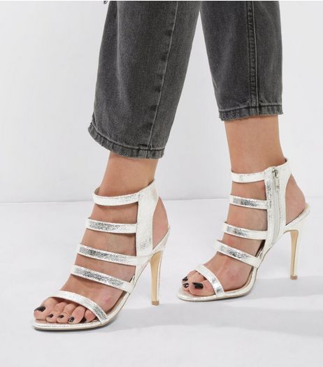 Silver Textured Multi Strap Heeled Sandals | New Look