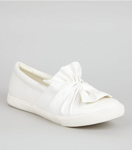 Wide Fit White Bow Front Slip On Trainers | New Look