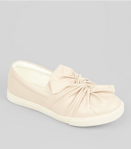 Wide Fit Nude Bow Front Slip On Trainers | New Look