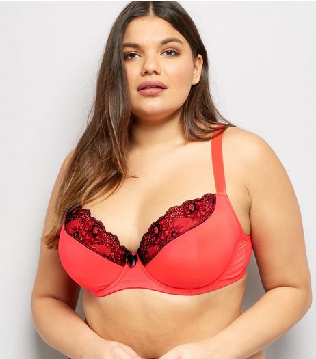 Curves Red Mesh And Lace Trim Bra | New Look