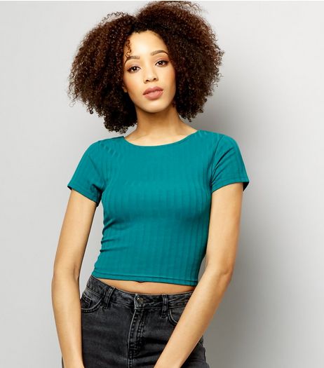 Green Ribbed Short Sleeve Scoop Back Crop Top | New Look