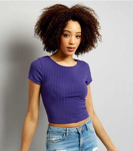 Purple Ribbed Short Sleeve Scoop Neck Crop Top | New Look