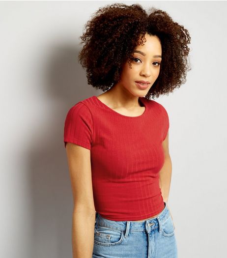 Red Ribbed Short Sleeve Scoop Back Crop Top | New Look