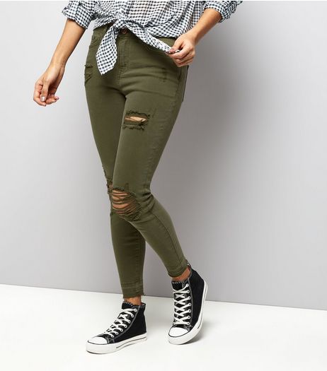 Petite Khaki Ripped Skinny Jenna Jeans | New Look