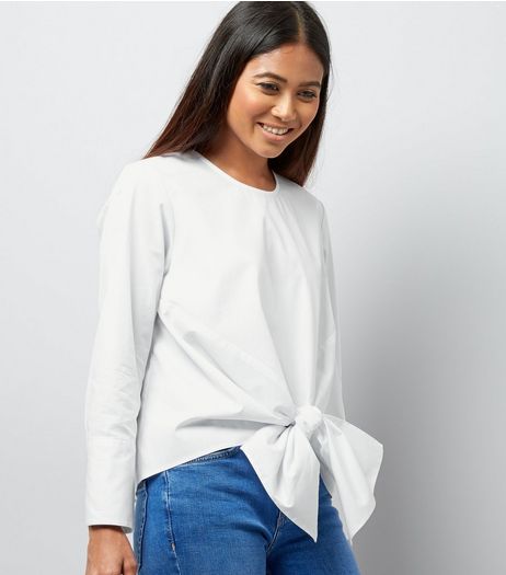 Petite White Tie Front Poplin Top | New Look