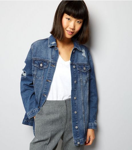 Blue Denim Ripped Longline Jacket | New Look