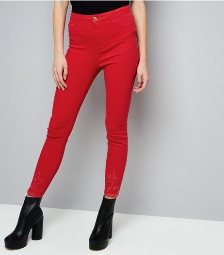 Red Ripped Hem Skinny Hallie Jeans | New Look