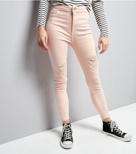 Shell Pink Ripped High Waist Skinny Hallie Jeans | New Look