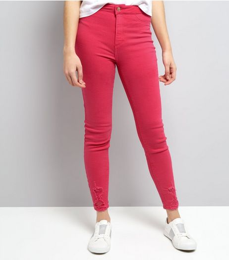 Bright Pink Ripped High Waist Skinny Hallie Jeans | New Look
