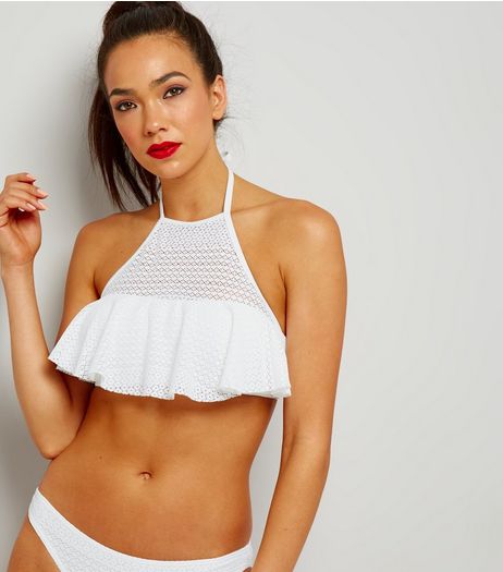 White Crochet Lace High Neck Frill Hem Bikini Top | New Look
