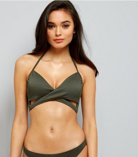 Khaki Ribbed Wrap Front Bikini Top | New Look