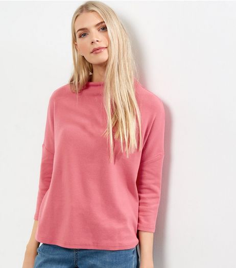 Bright Pink Brushed Funnel Neck 3/4 Sleeve T-Shirt | New Look