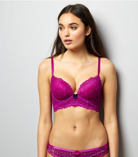 Bright Pink Two Tone Lace Longline Bra | New Look