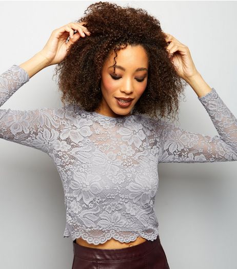 Grey Floral Lace Long Sleeve Crop Top | New Look