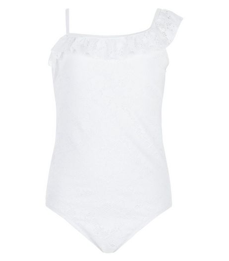 Teen White Crochet Frill Trim One Shoulder Swimsuit | New Look