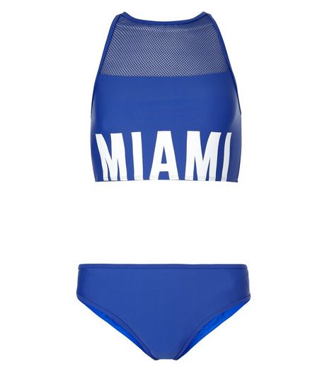 Teens Blue Mesh Panel High Neck Miami Print Tankini | New Look