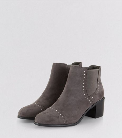 Grey Stud Trim Heeled Boots | New Look