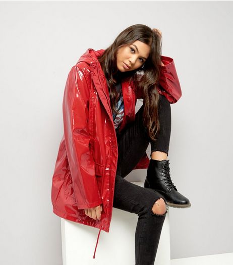 Red Patent Hooded Anorak | New Look
