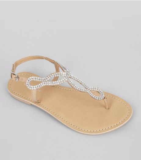 Nude Crystal Cross Strap Toe Post Sandals | New Look