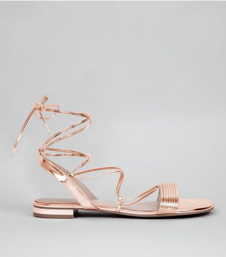 Rose Gold Metallic Tie Up Ankle Sandals | New Look