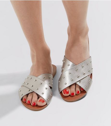 Silver Metallic Studded Cross Strap Sandals | New Look