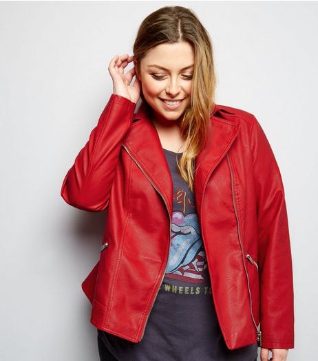 Curves Red Leather-Look Biker Jacket | New Look