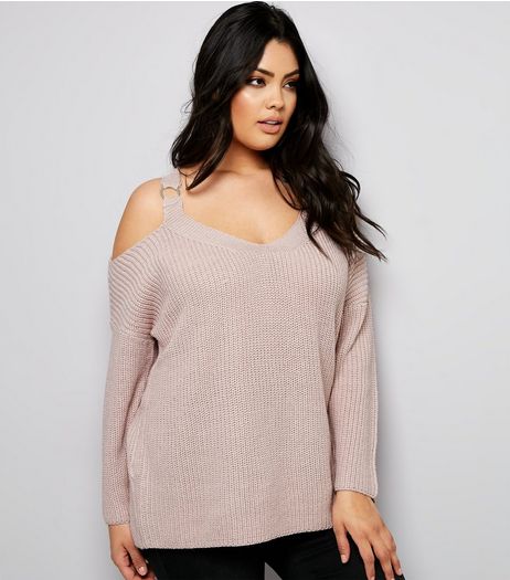 Curves Shell Pink Ribbed Ring Trim Cold Shoulder Jumper | New Look