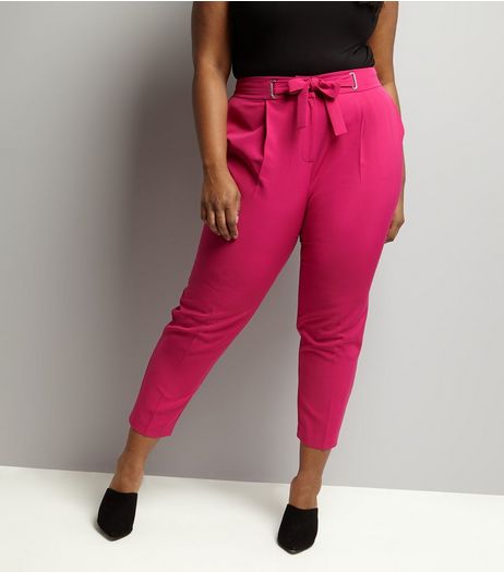 Curves Bright Pink Tie Waist Trousers | New Look