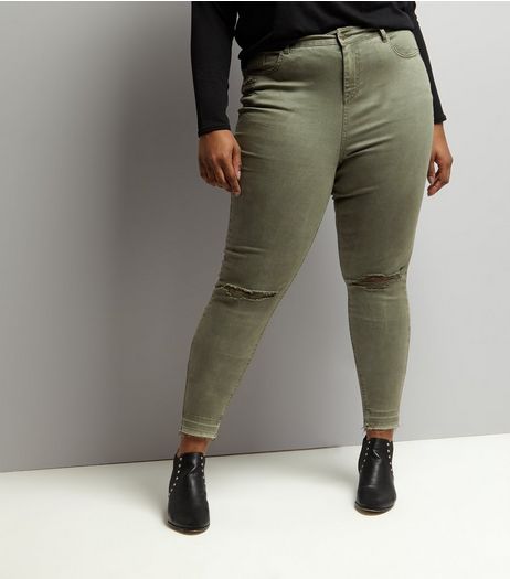 Curves Khaki Ripped Skinny Jeans | New Look