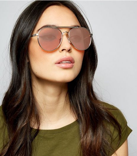 Silver Mirrored Lens Pilot Sunglasses | New Look