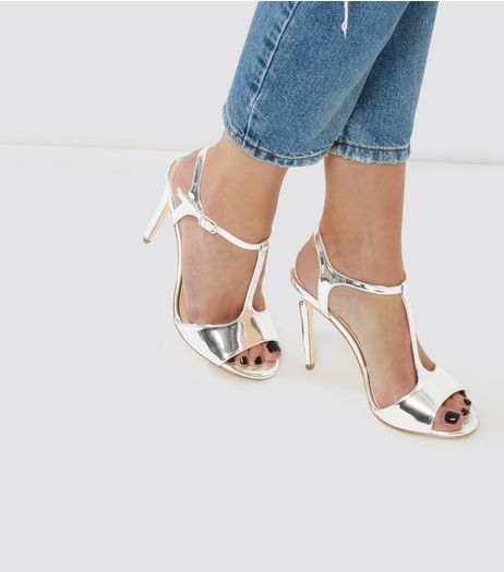 Silver Metallic T-Bar Heels | New Look
