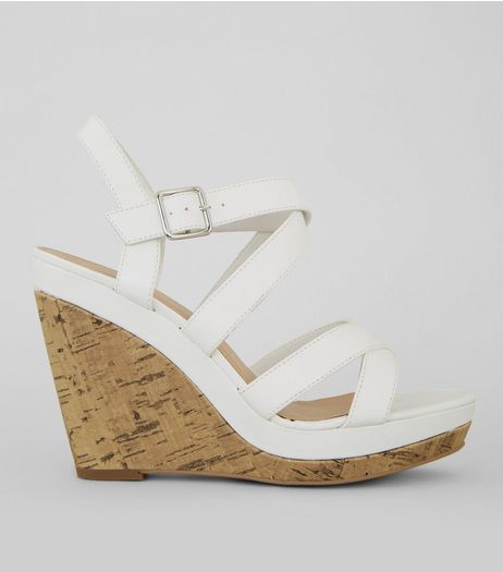 White Strappy Cork Wedge Heeled Sandals | New Look