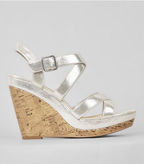 Silver Multi Strap Cork Wedge Heels | New Look