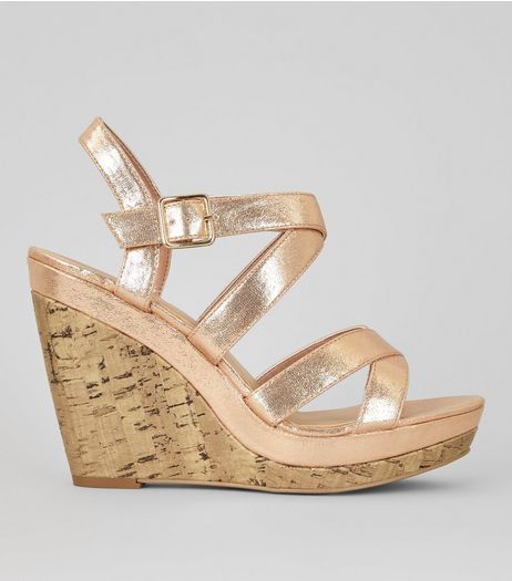 Rose Gold Multi Strap Cork Wedge Heels | New Look