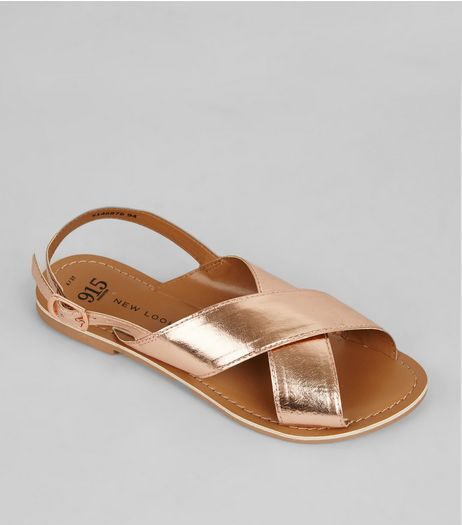 Teens Rose Gold Leather Cross Strap Sandals | New Look