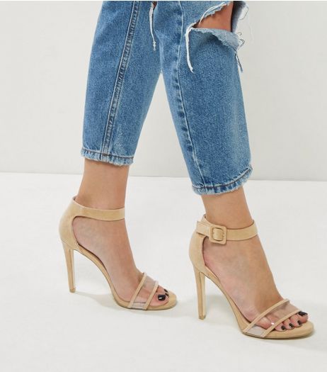 Cream Suedette Clear Front Ankle Strap Heels | New Look